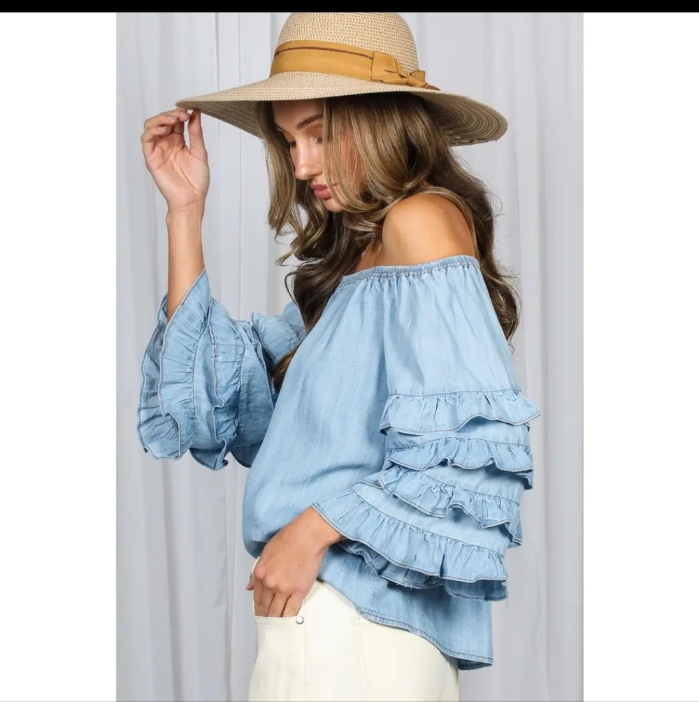 SS8  Off-Shoulder Ruffle Sleeve  Light Blue Tencel